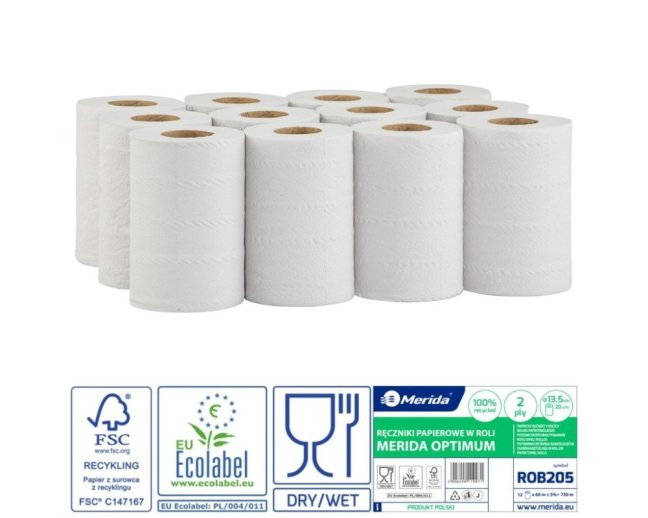 Papírové ručníky v rolích MERIDA OPTIMUM MINI, 2-vrstvé, bílé, délka 60 m, (12rolí/bal)